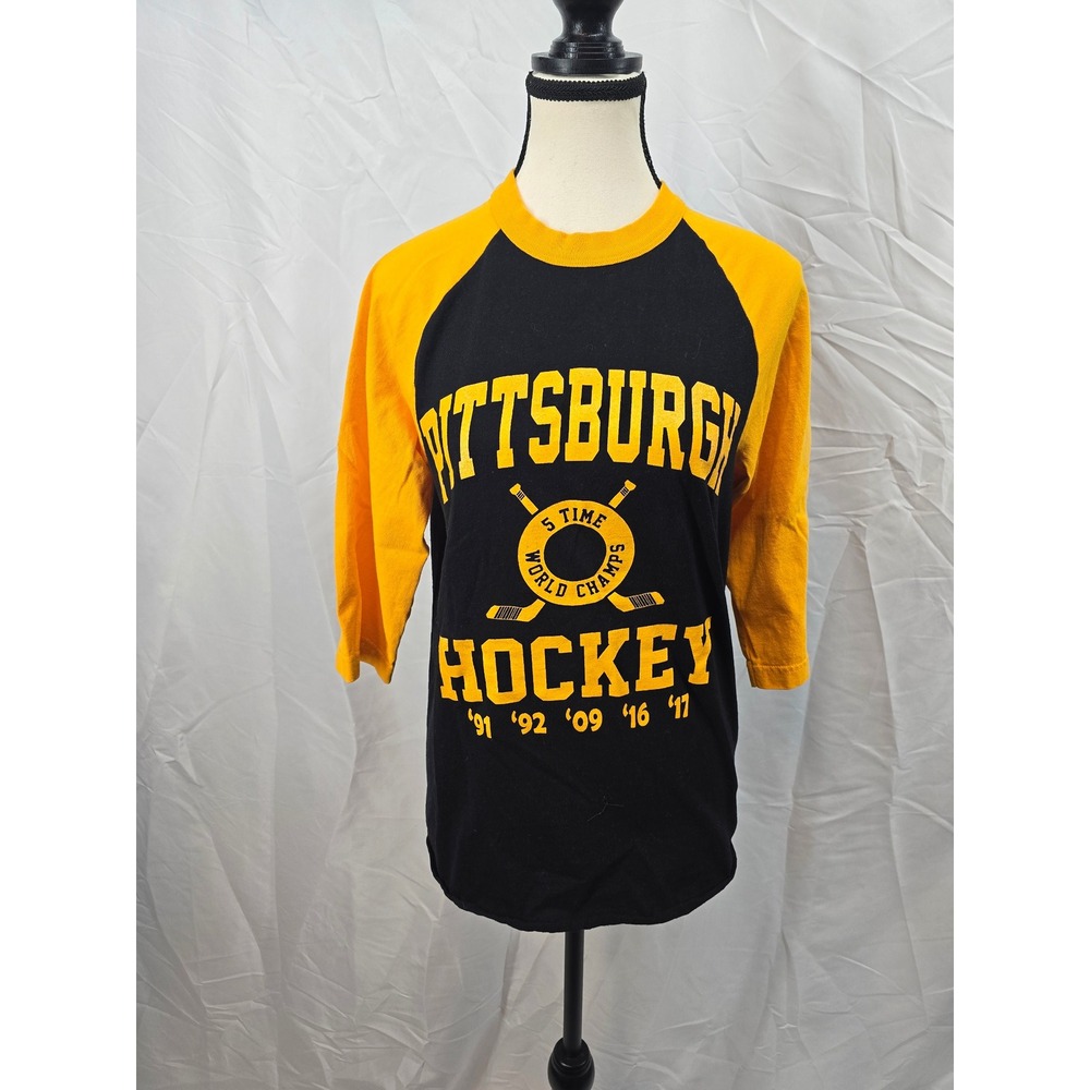 Pittsburgh Hockey Lemieux 66 5 Time World Champs‎ Raglan T Shirt Womens Small